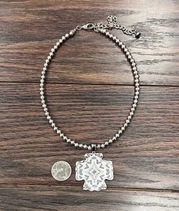 Silver Navajo Bead Aztec Cross Necklace