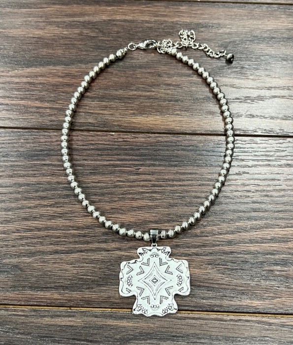 Silver Navajo Bead Aztec Cross Necklace