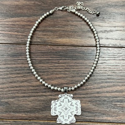 Silver Navajo Bead Aztec Cross Necklace
