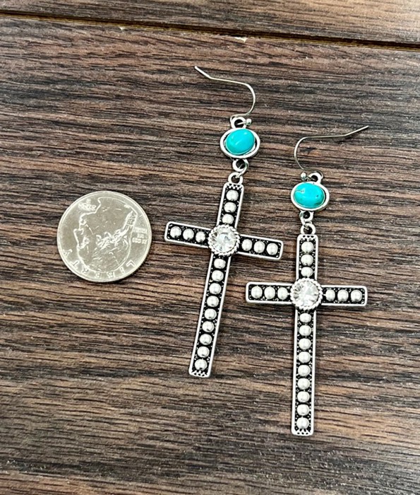 Cross Bling Turquoise Design Drop Earrings