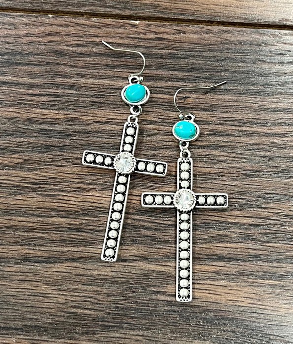 Cross Bling Turquoise Design Drop Earrings