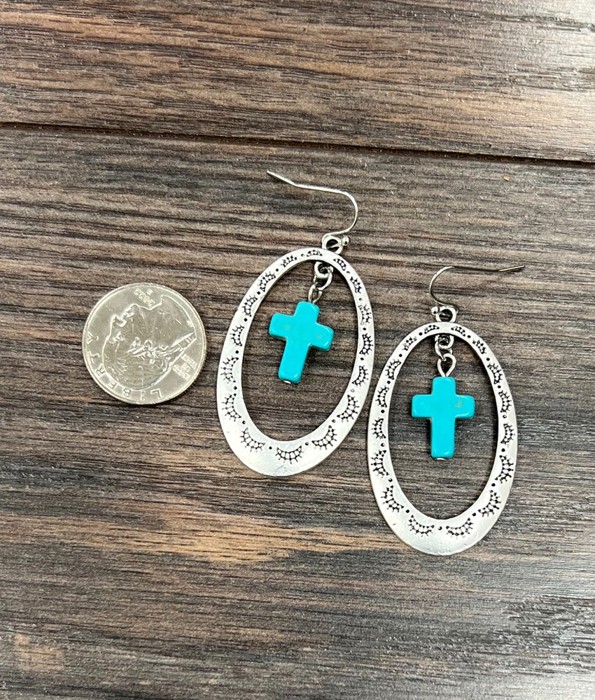 Silver Cross Concho Drop Earrings Turquoise
