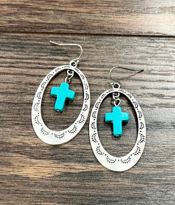 Silver Cross Concho Drop Earrings Turquoise