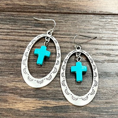 Silver Cross Concho Drop Earrings Turquoise