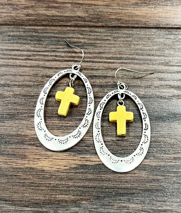 Cross Concho Drop Earrings Yellow