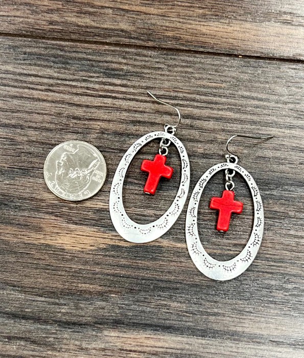 Silver Cross Concho Drop Earrings Red