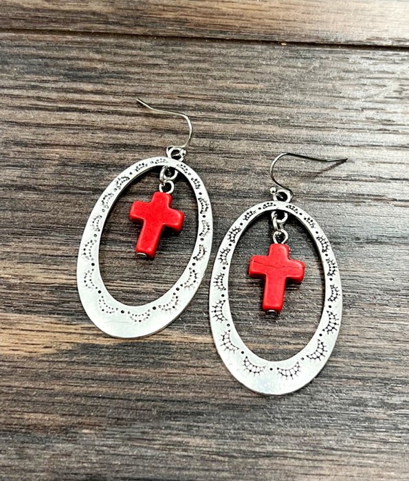 Silver Cross Concho Drop Earrings Red