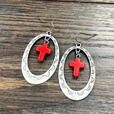 Silver Cross Concho Drop Earrings Red