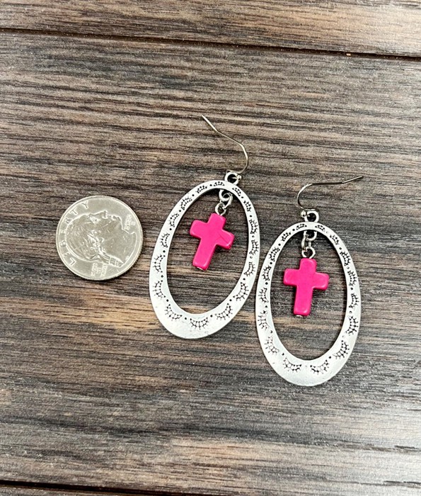 Silver Cross Concho Drop Earrings Hot Pink
