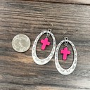  Silver Cross Concho Drop Earrings Hot Pink