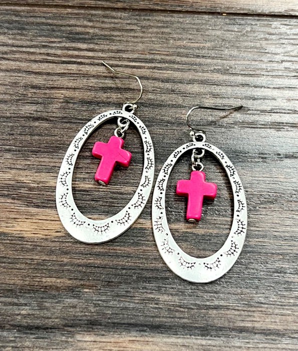 Silver Cross Concho Drop Earrings Hot Pink