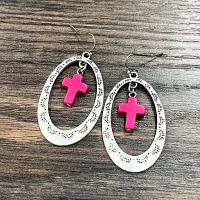 Silver Cross Concho Drop Earrings Hot Pink