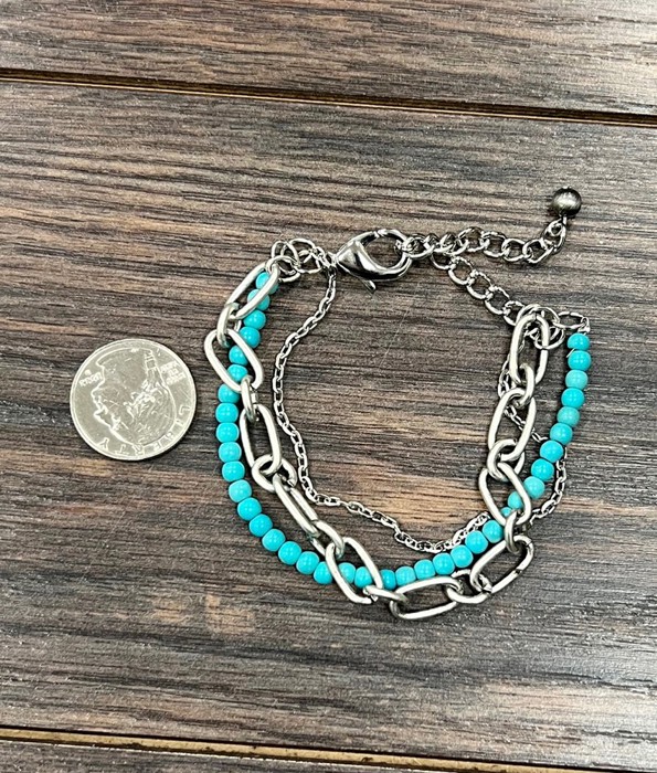 Turquoise  Beads & Silver Chains Bracelet Adjustable