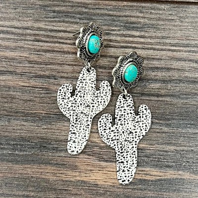 Hammered Cactus Silver Turquoise Earrings