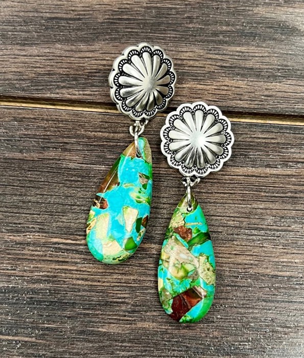 Beautiful Natural Stone Silver Concho Drop Earrings