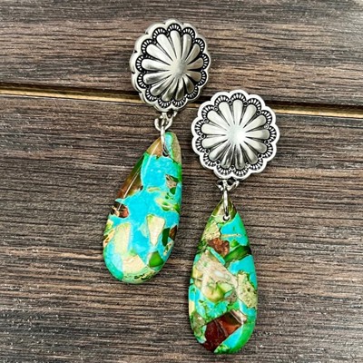 Beautiful Natural Stone Silver Concho Drop Earrings