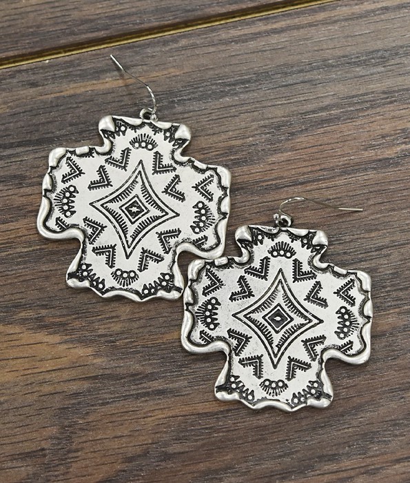 Aztec Cross Silver Hook Earrings