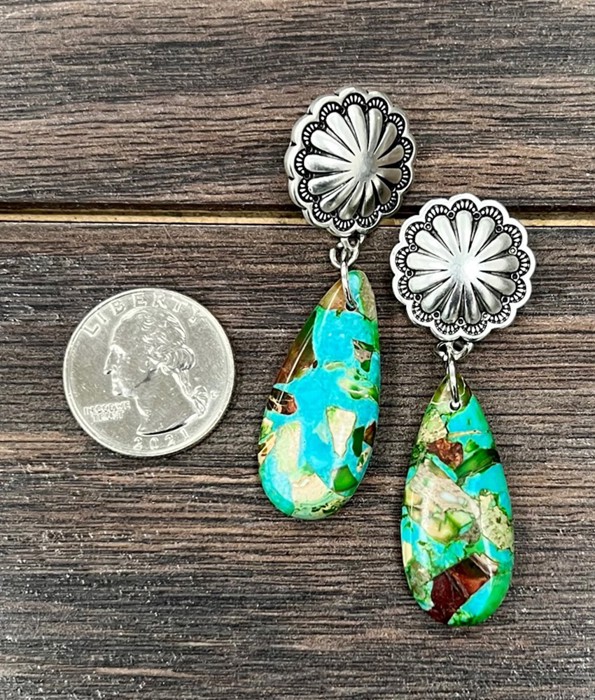 Beautiful Natural Stone Silver Concho Drop Earrings