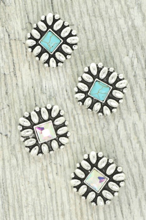 Western Floral Square Post Earrings - AB or Turquoise