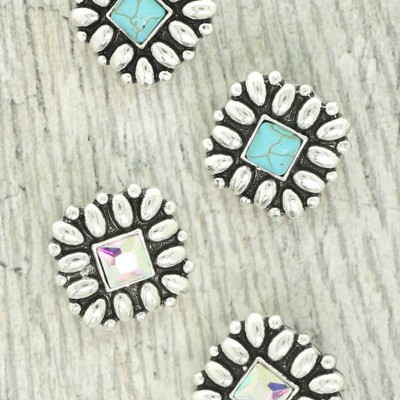 Western Floral Square Post Earrings - AB or Turquoise