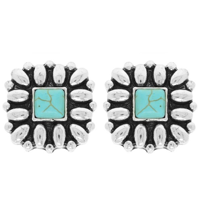 Western Floral Square Post Earrings - AB or Turquoise