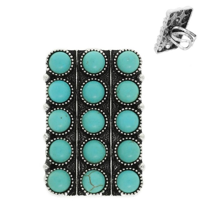 Western Bubble Rectangle Stretch Rings - Silver or Turquoise
