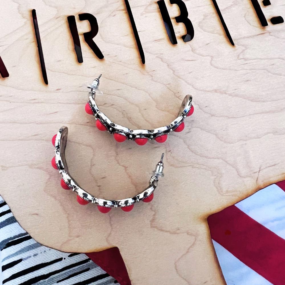 Red Stone Silver Hoops