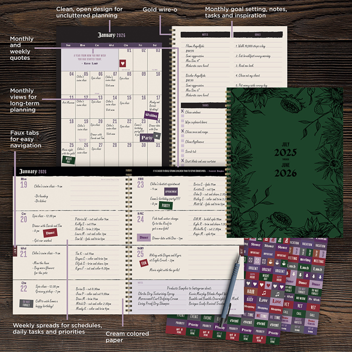 July 2025 - June 2026 Garden of Green Large Weekly Monthly Planner