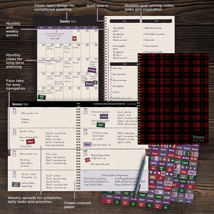 July 2025 - June 2026 Gwen Plaid Large Weekly Monthly Planner