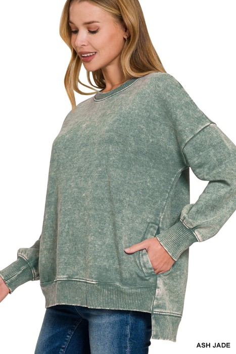 Zenana Acid Wash Fleece Hi-low Hem Pullover