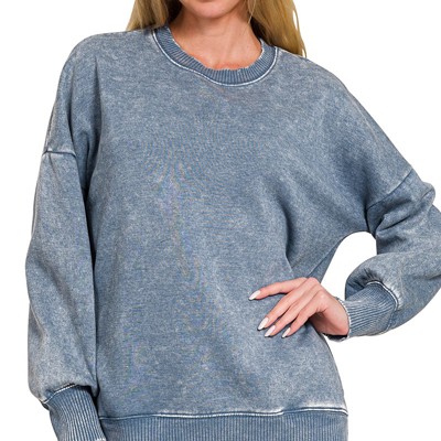 Zenana Acid Wash Fleece Hi-low Hem Pullover