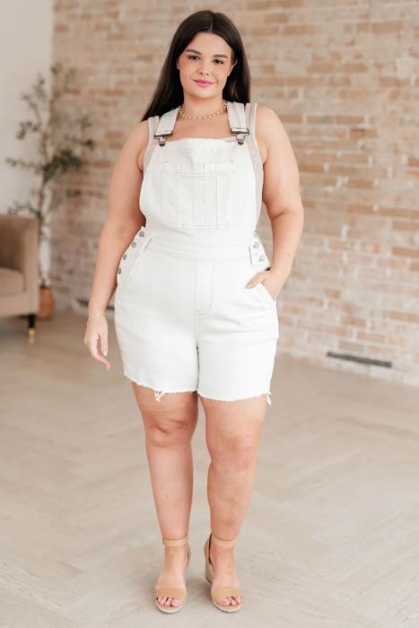 Judy Blue- Anna High Rise Garment Dyed Cutoff Shortalls in Ecru 