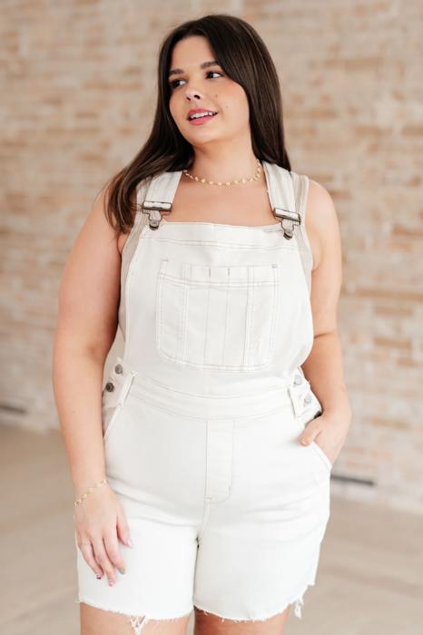 Judy Blue- Anna High Rise Garment Dyed Cutoff Shortalls in Ecru 