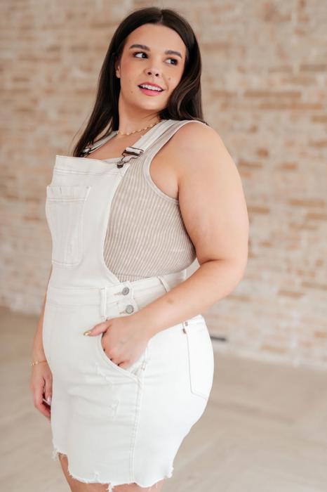 Judy Blue- Anna High Rise Garment Dyed Cutoff Shortalls in Ecru 