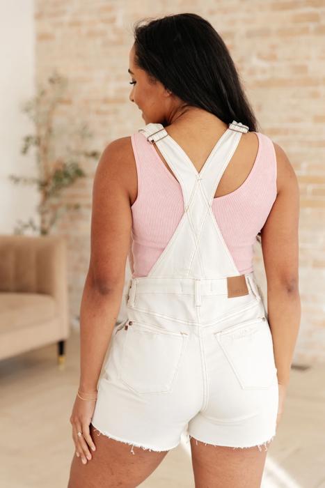 Judy Blue- Anna High Rise Garment Dyed Cutoff Shortalls in Ecru 