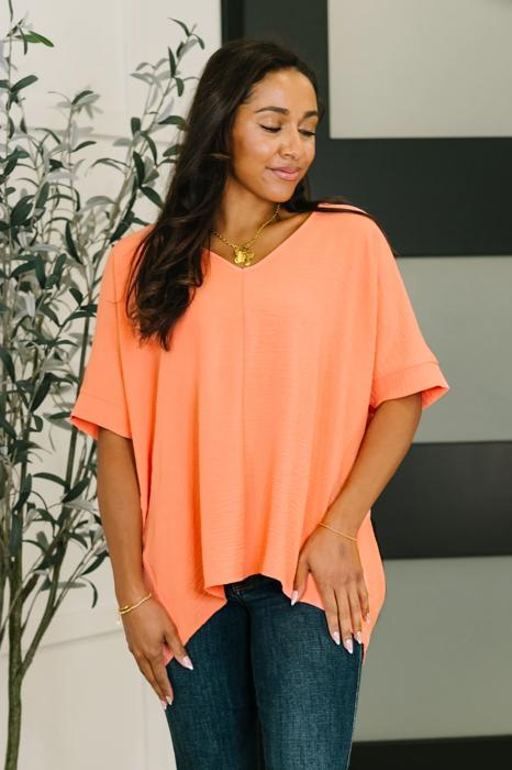 Counter Part Crinkle Woven V-Neck Top in Coral