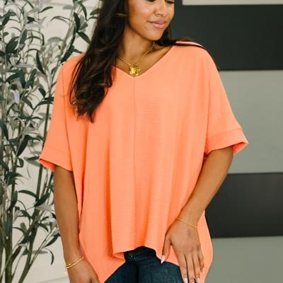Counter Part Crinkle Woven V-Neck Top in Coral