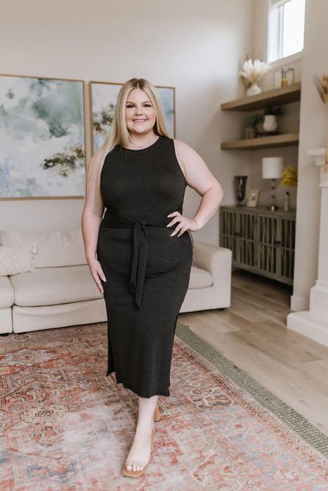 Out on the Town Tie Detail Midi Dress in Charcoal- 3X (PLUS SIZE)