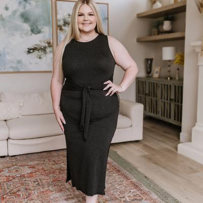 Out on the Town Tie Detail Midi Dress in Charcoal- 3X (PLUS SIZE)