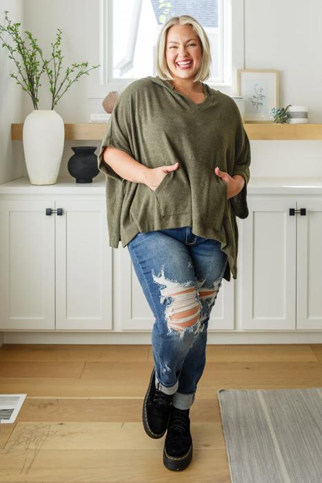 Perfectly Poised Hooded Poncho in Olive 
