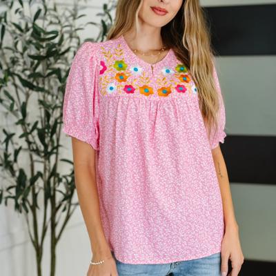 Wander Bloom Embroidered Puff Sleeve Blouse in Pink