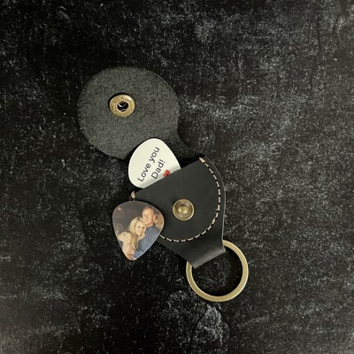 Two Personalized Photo and Text Guitar Picks in a Leather Keychain Pouch | Custom Keepsake Gift for Music Lovers