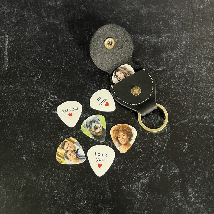 Two Personalized Photo and Text Guitar Picks in a Leather Keychain Pouch | Custom Keepsake Gift for Music Lovers