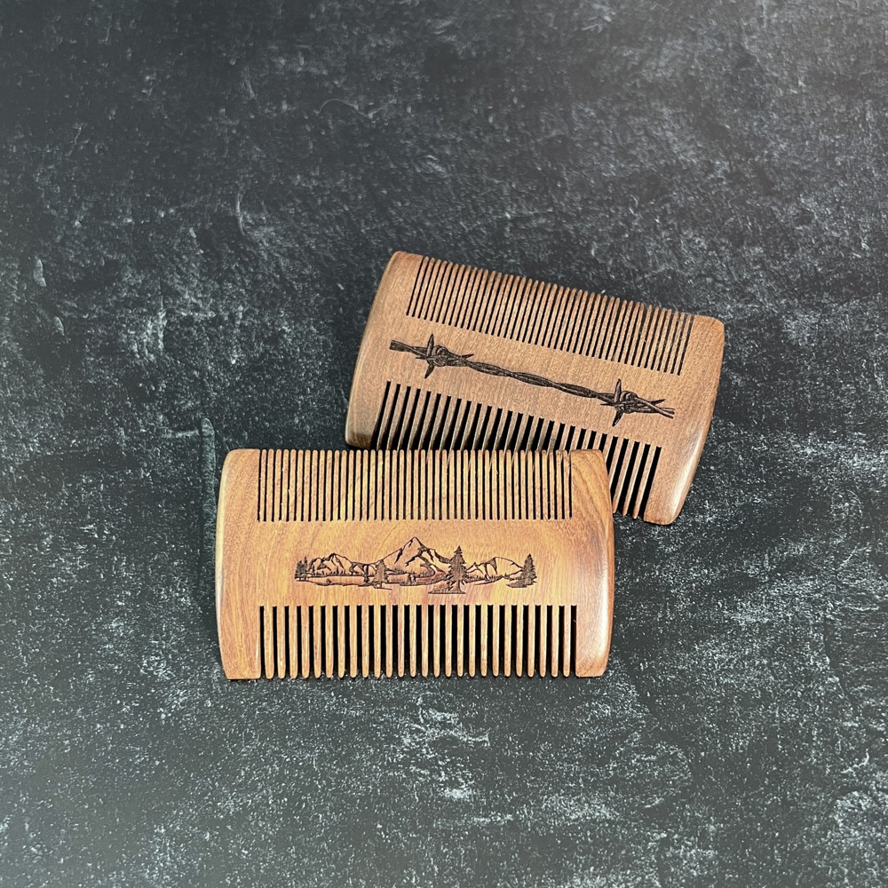 Mountain or Barbed Wire Engraved Wood Beard Comb