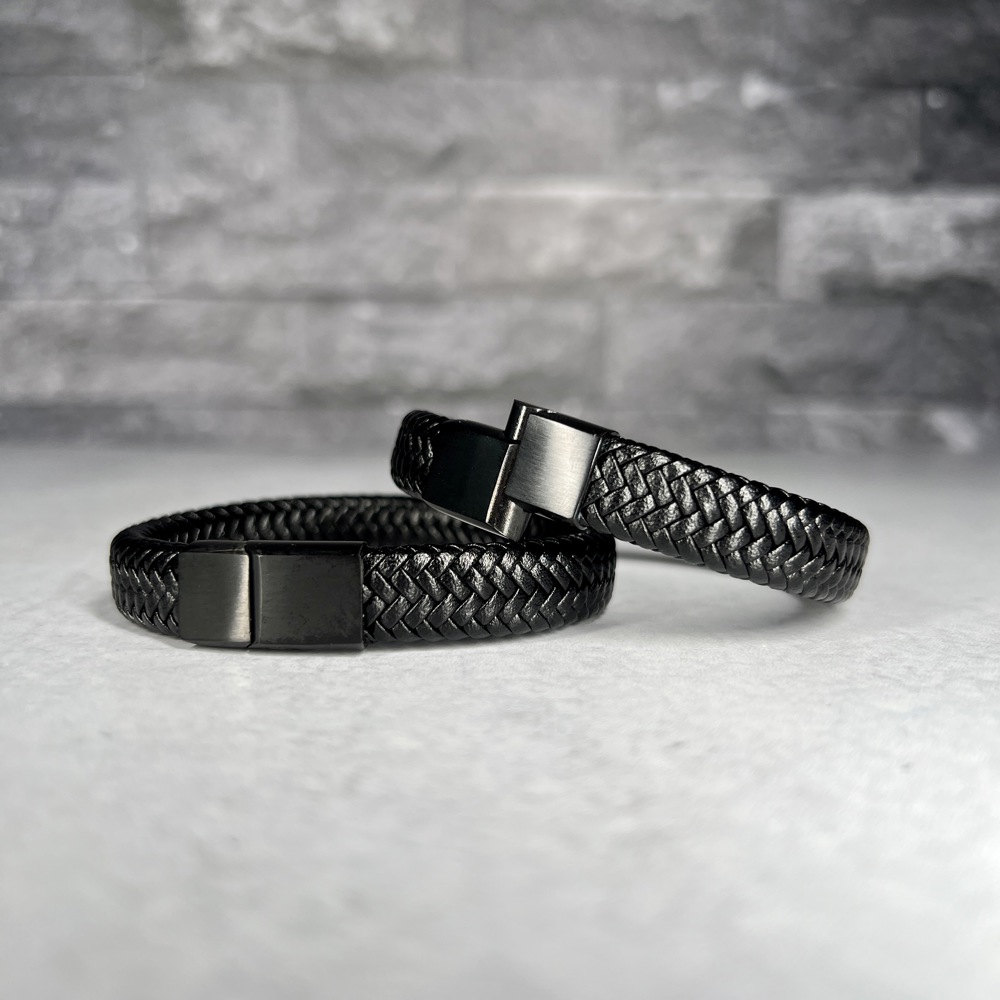 Unisex Stainless Steel Black PU Leather Braided Bracelet