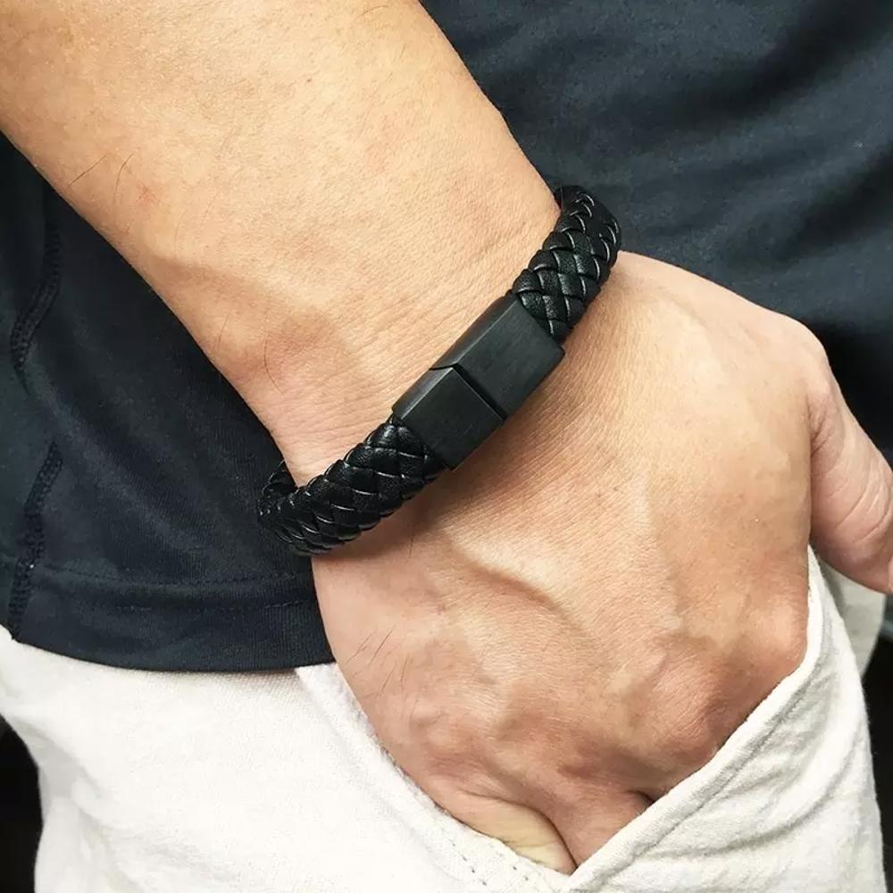 Unisex Stainless Steel Black PU Leather Braided Bracelet