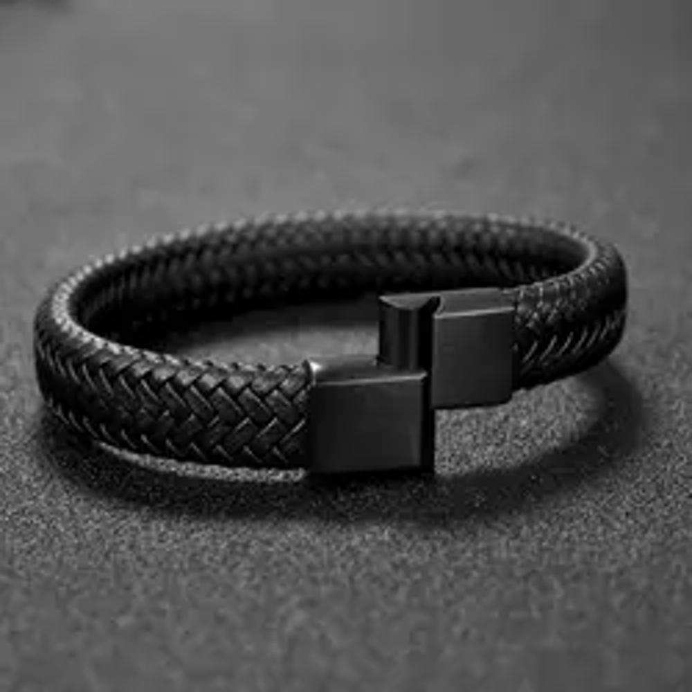 Unisex Stainless Steel Black PU Leather Braided Bracelet