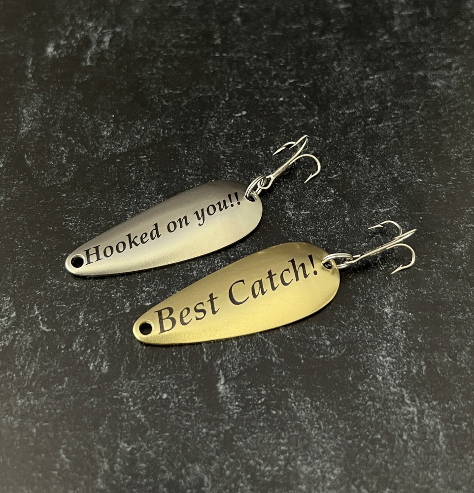 Personalized Fishing Lures; Set of Two Custom Lures in Black Bass Flag Engraved Tin