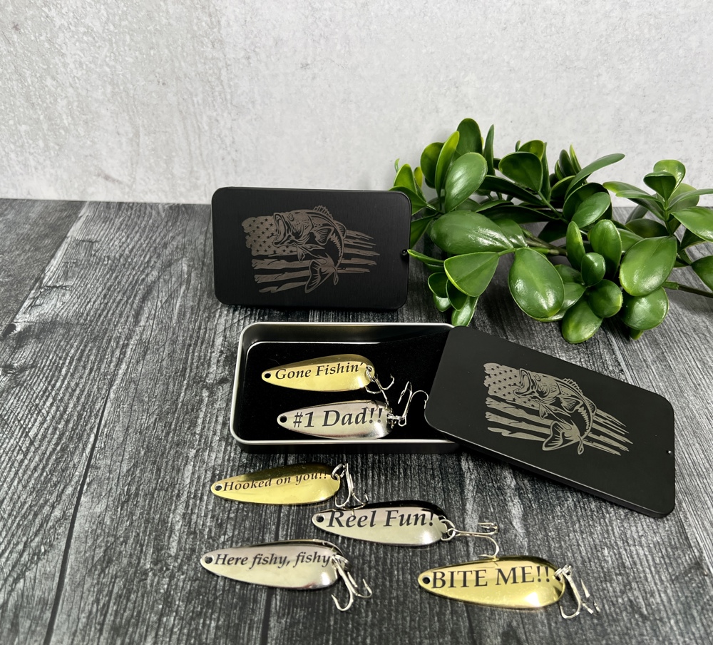 Personalized Fishing Lures; Set of Two Custom Lures in Black Bass Flag Engraved Tin