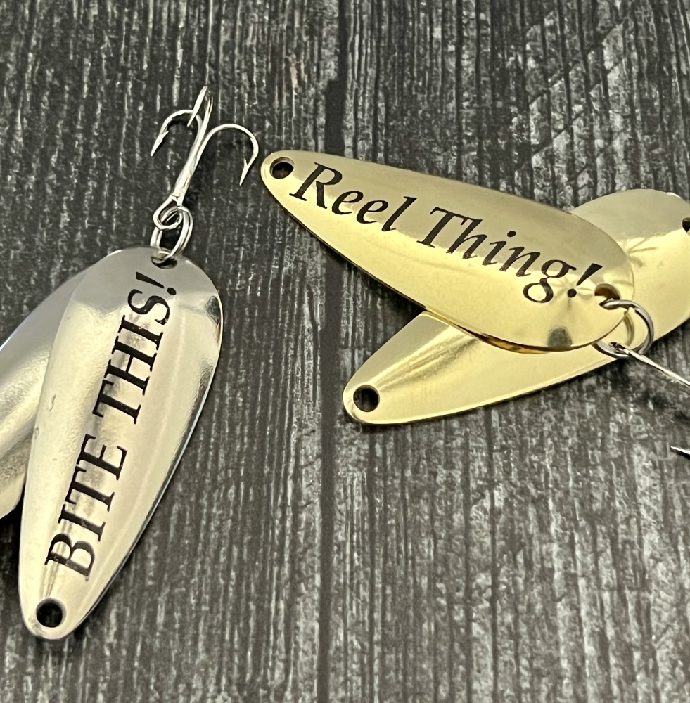 Personalized Fishing Lures; Set of Two Custom Lures in Black Bass Flag Engraved Tin